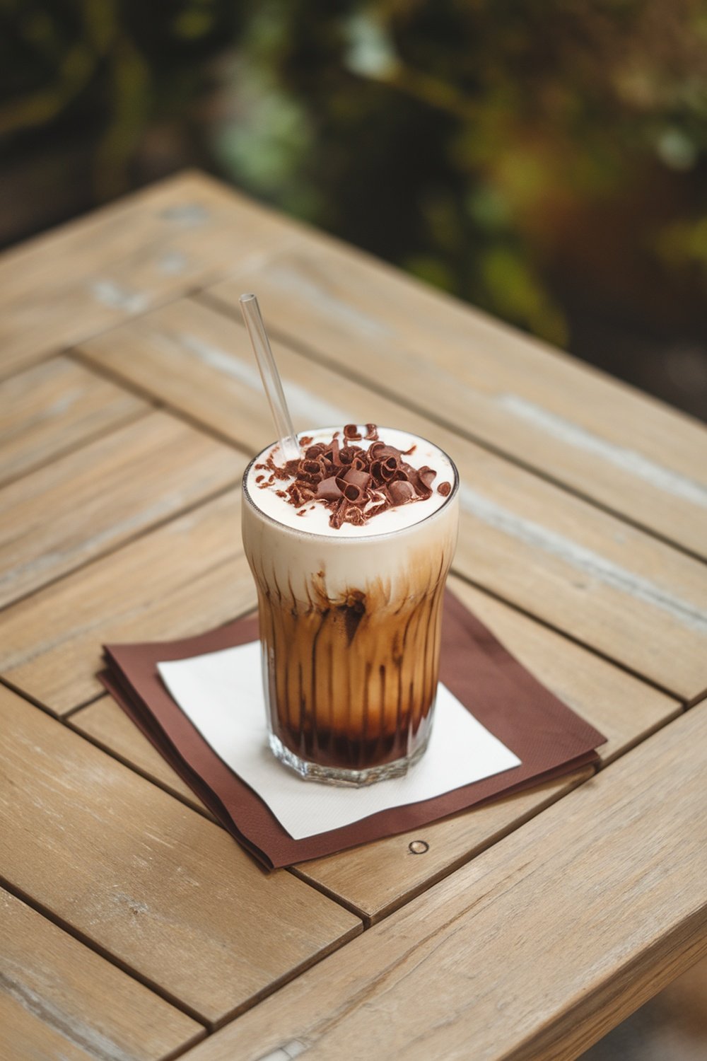 A glass of Chocolate Cream Cold Brew with chocolate shavings on top, placed on a wooden table.