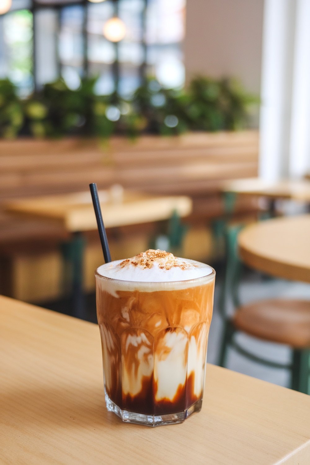 A glass of Toasted Vanilla Oatmilk Shaken Espresso with a frothy top and a sprinkle of sweetness, set in a cozy café.