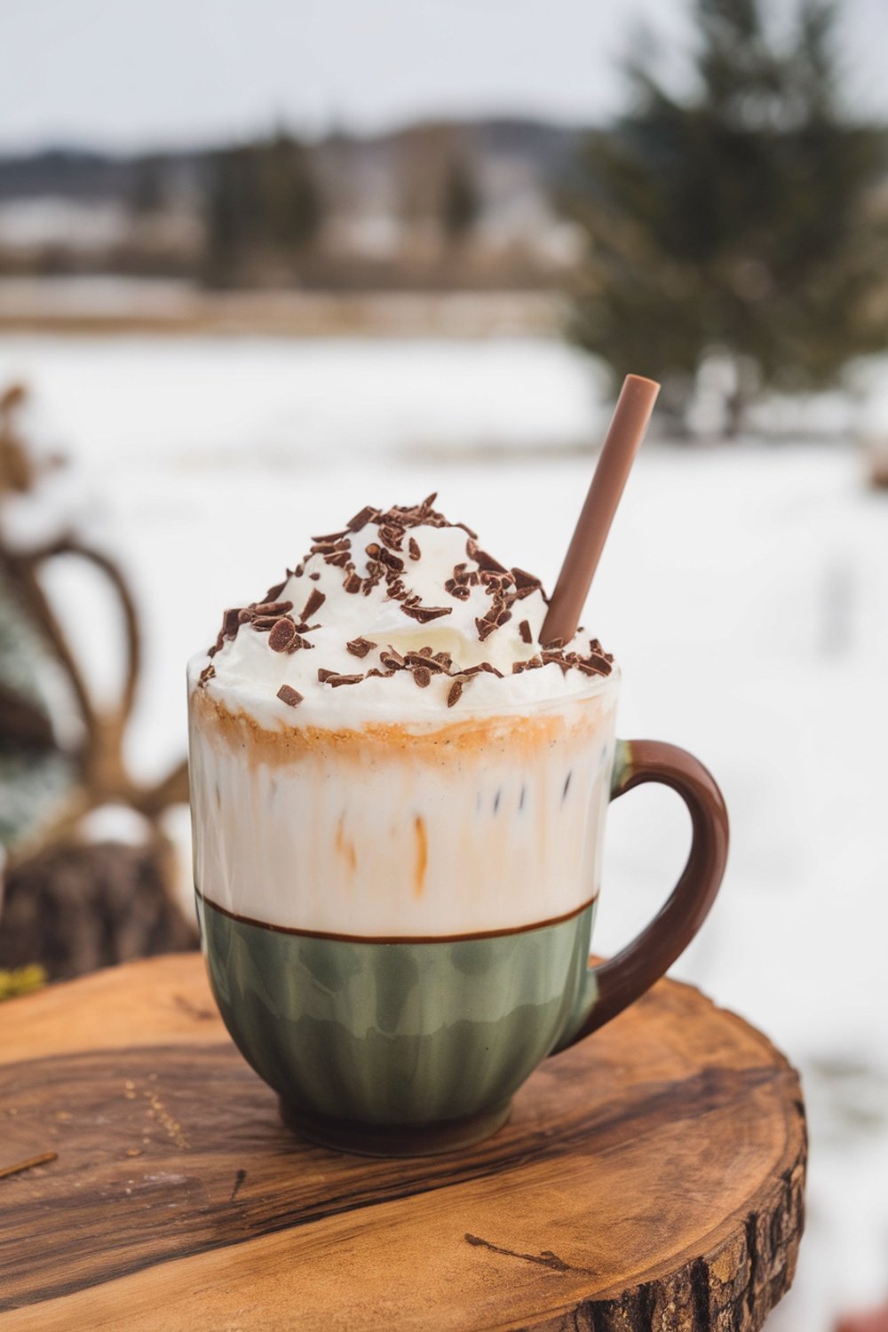 A cup of White Chocolate Mocha topped with whipped cream and chocolate shavings, set against a snowy background.