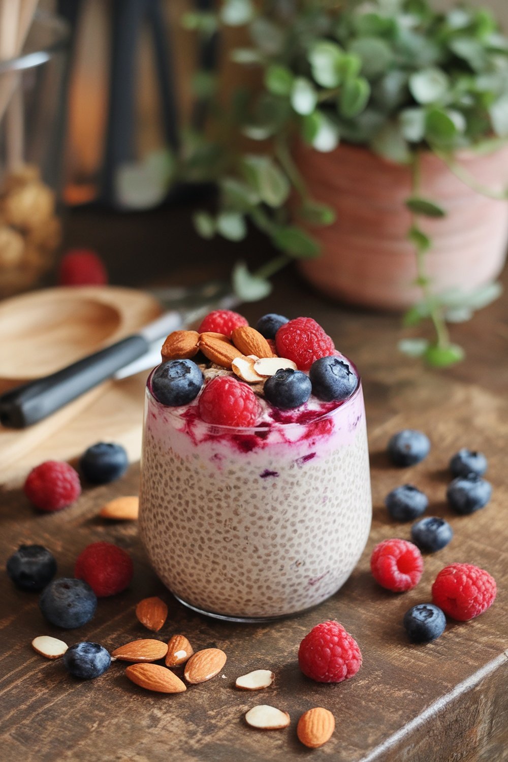 A jar of Berry Almond Chia Oats topped with raspberries, blueberries, and almonds, with some berries scattered around.