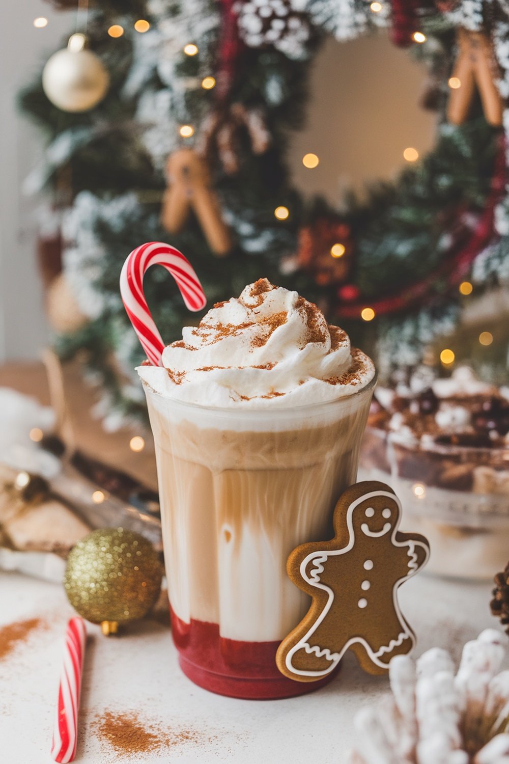 A Cinnamon Dolce Latte topped with whipped cream and a candy cane, accompanied by a gingerbread cookie, set against a festive background.