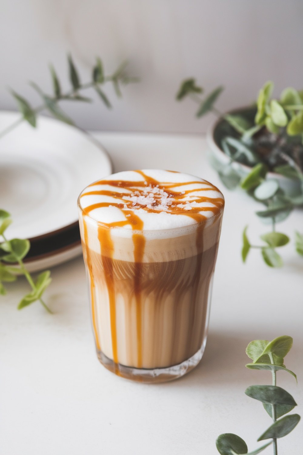 A Caramel Macchiato with caramel drizzle and sea salt on top, surrounded by greenery.