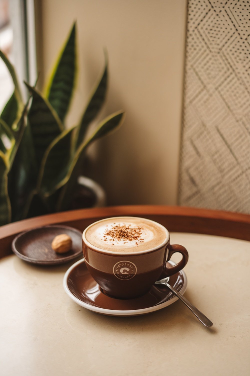 A Hazelnut Bianco Latte in a brown cup, topped with foam and hazelnut dust, sitting on a table with a small treat beside it.