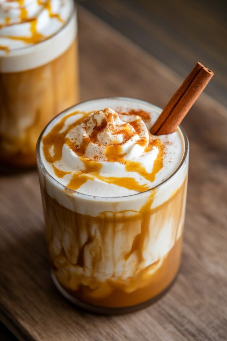 A glass of Pumpkin Cream Cold Brew topped with whipped cream, caramel drizzle, and a cinnamon stick.