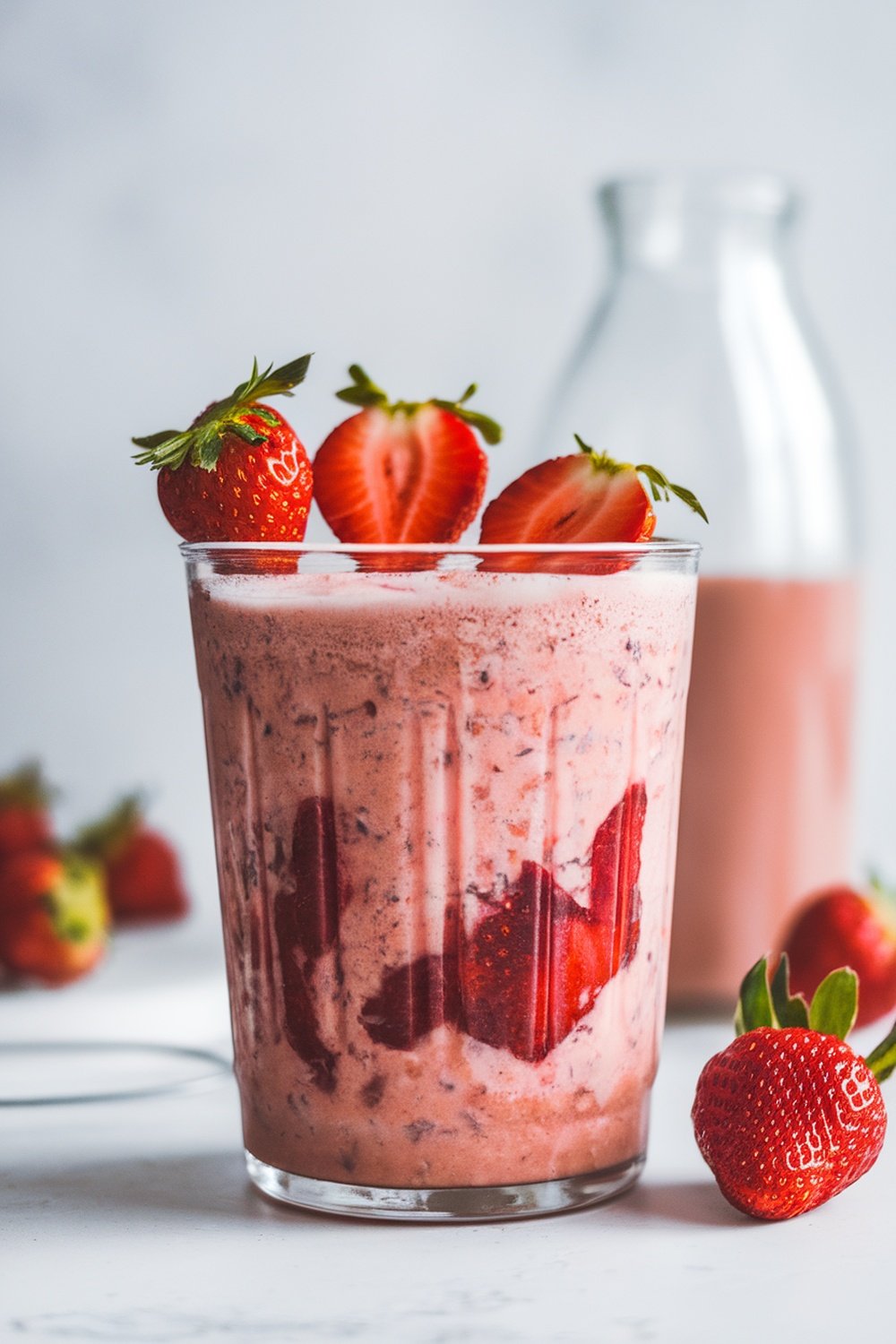 A refreshing Strawberry Açaí Refresher with Coconut Milk, topped with fresh strawberries.