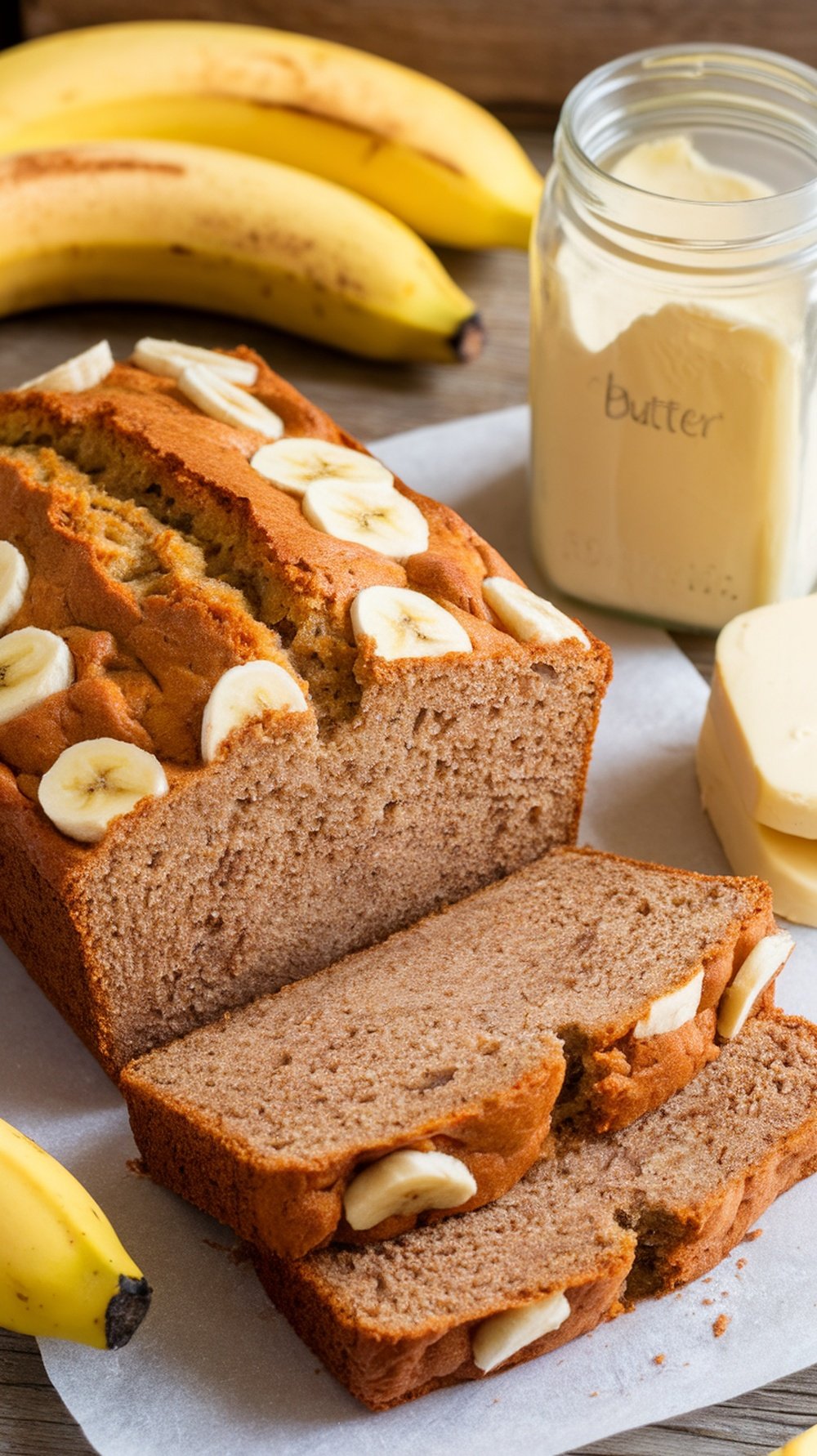 A loaf of banana bread sliced with banana slices on top, surrounded by fresh bananas and a jar of butter.