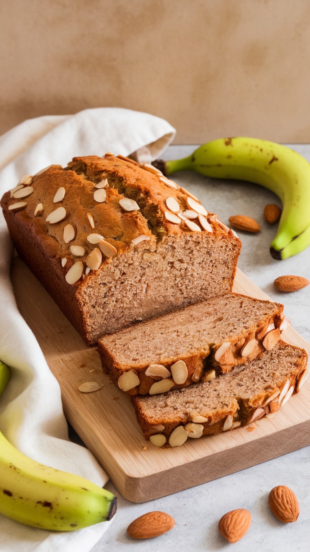 A loaf of classic moist banana bread topped with sliced almonds, with bananas and almonds scattered around.