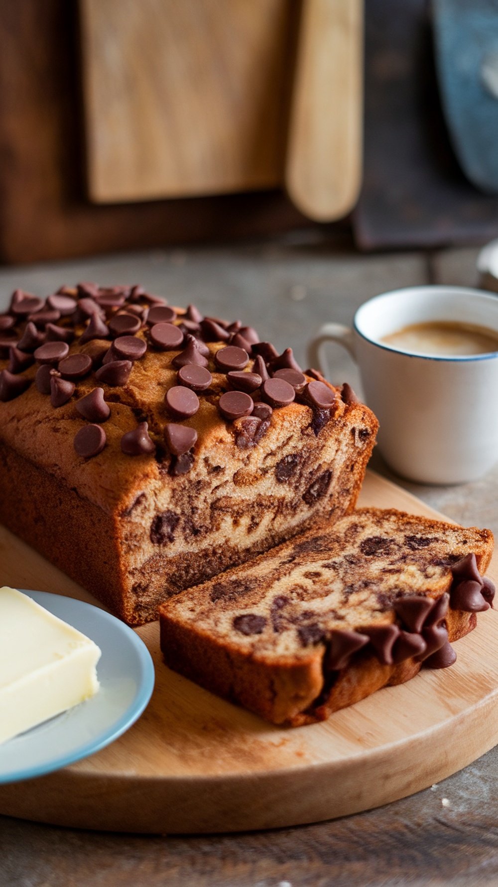 A loaf of chocolate chip banana bread with slices cut, topped with chocolate chips, served with a pat of butter and a cup of coffee.