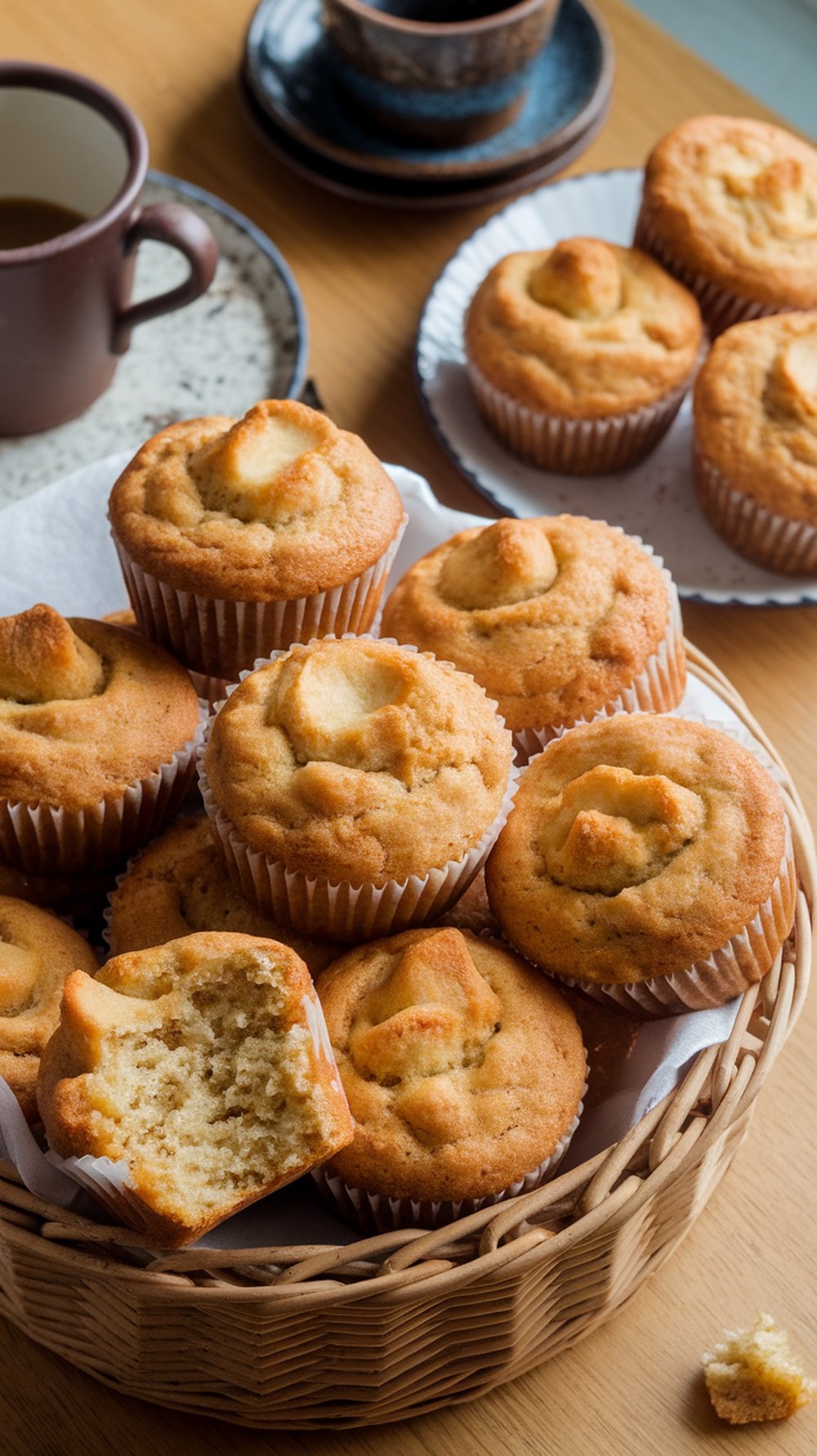 A basket of banana bread muffins with one muffin bitten into, revealing its moist interior, alongside a cup of coffee.