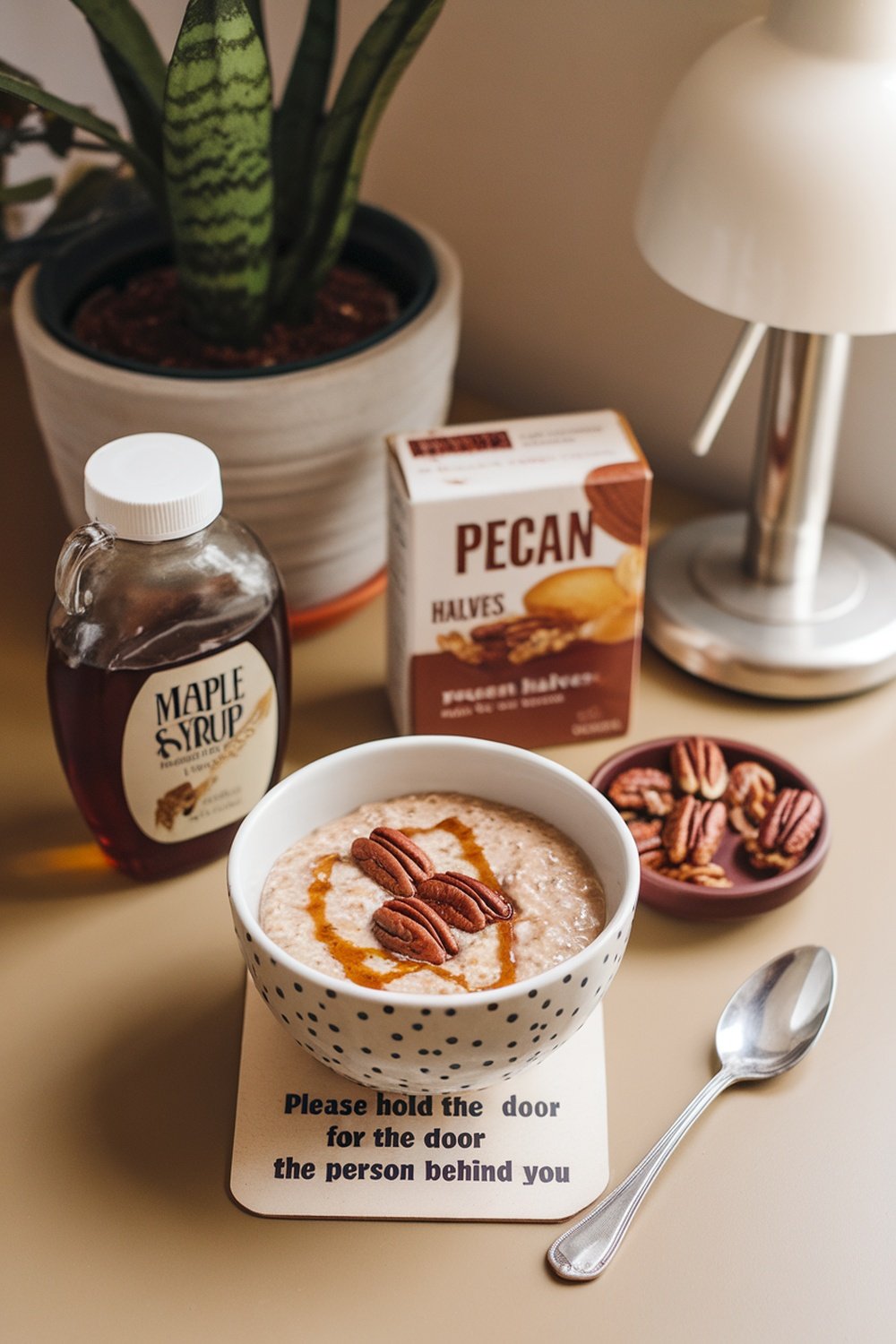 A bowl of maple pecan overnight oats topped with pecans and maple syrup, with a bottle of maple syrup and a box of pecans in the background.