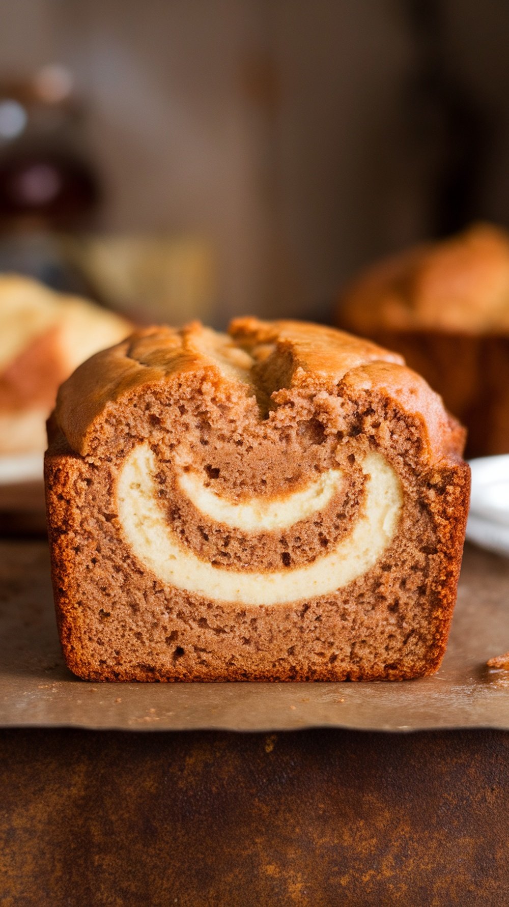 A loaf of banana bread with a cream cheese swirl, showcasing a golden-brown crust and a soft, inviting texture.