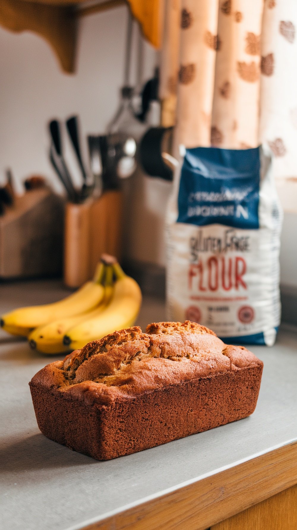A loaf of gluten-free banana bread on a kitchen counter with bananas and a bag of gluten-free flour in the background.