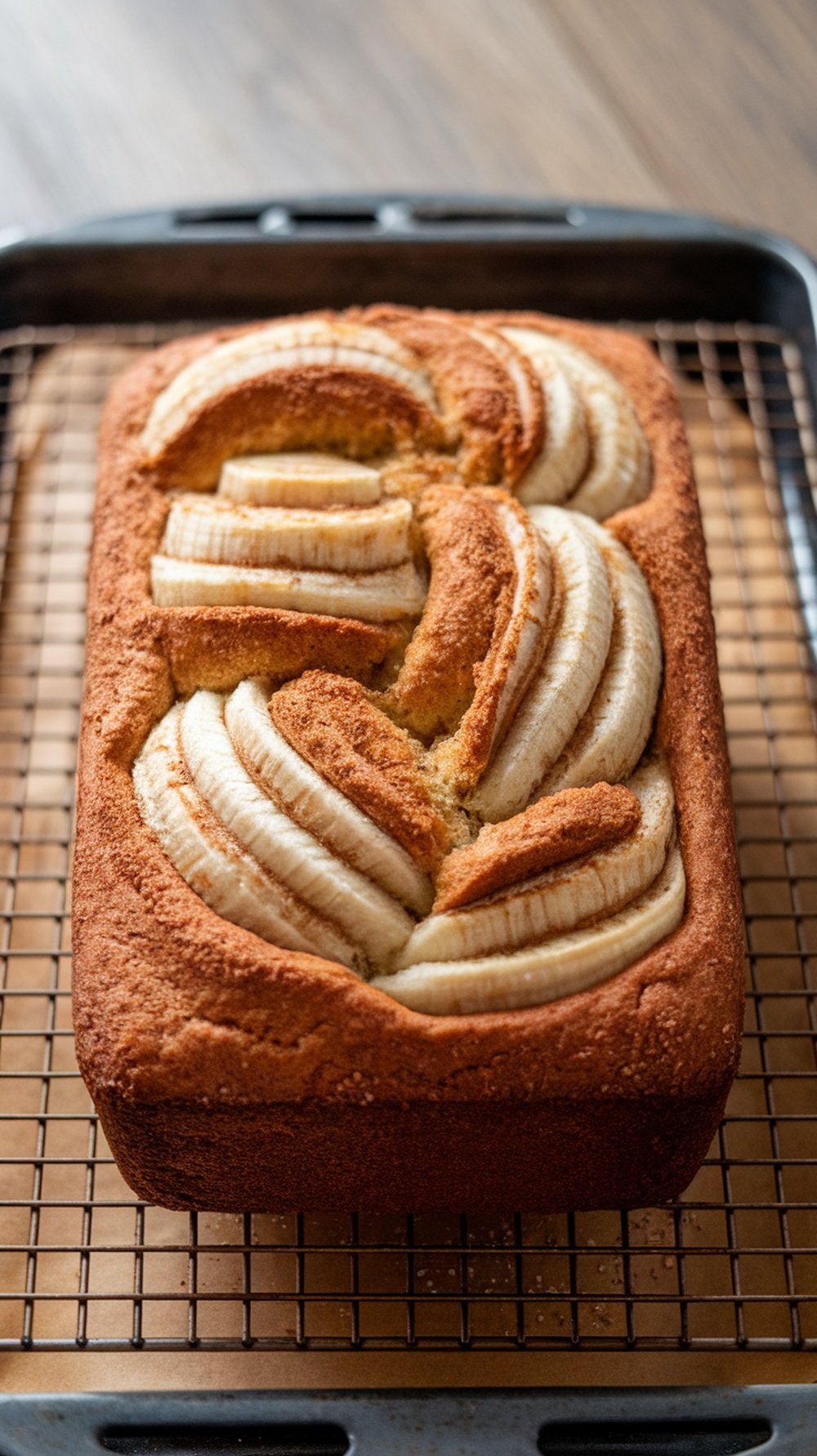 A loaf of cinnamon swirl banana bread with a golden crust and banana slices on top, resting on a cooling rack.