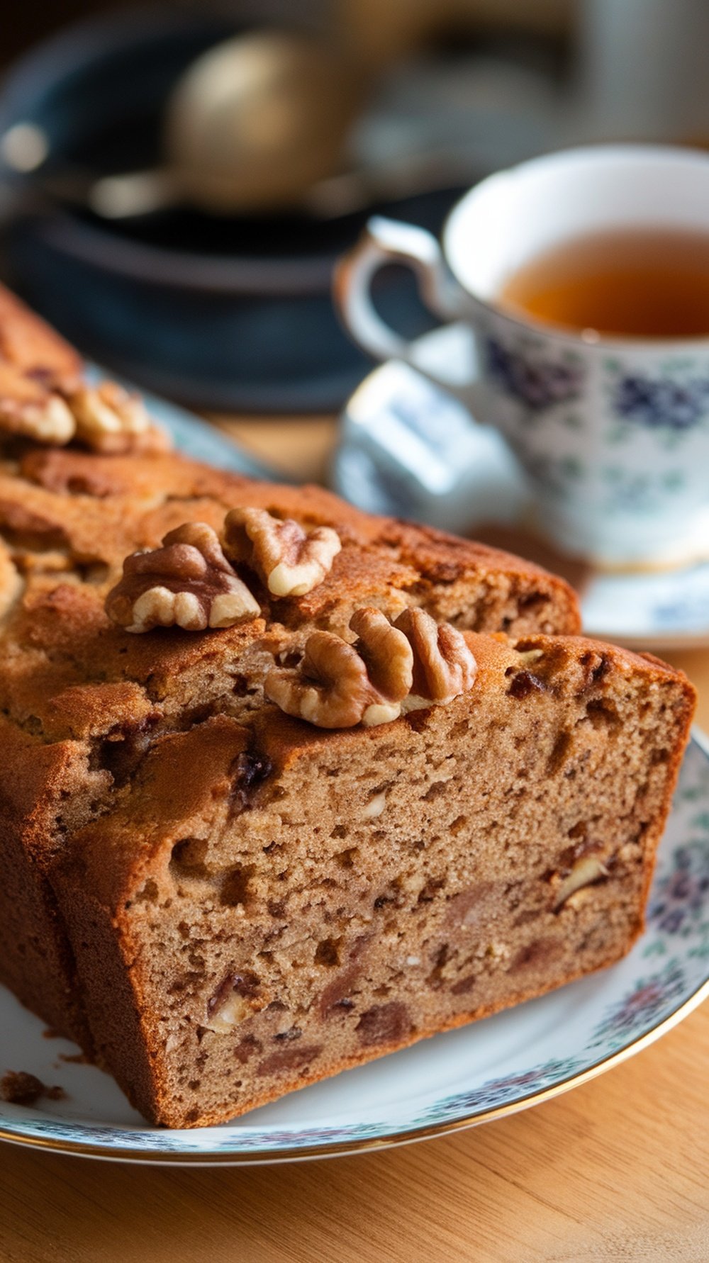 A loaf of nutty banana bread with walnuts, sliced and served on a plate with a cup of tea in the background.