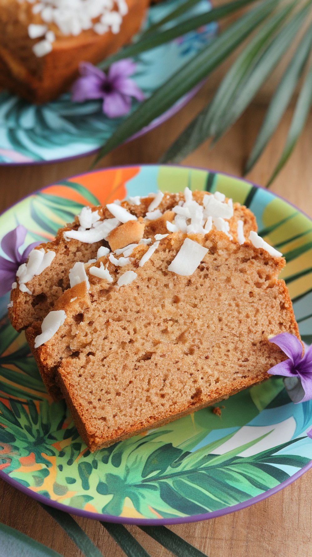 A slice of banana bread topped with coconut flakes on a colorful plate.