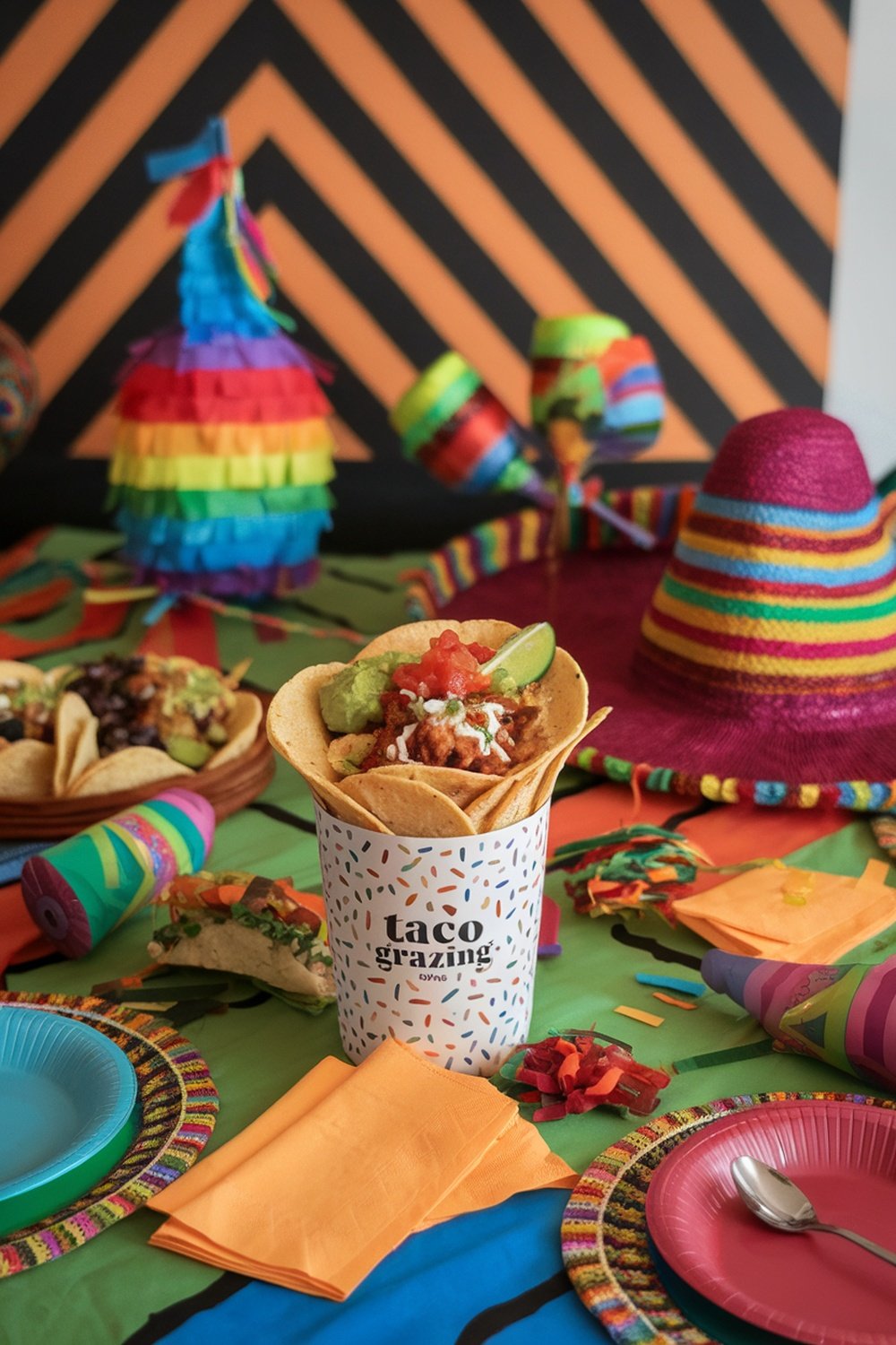 Mini taco grazing cup filled with tacos, guacamole, and salsa, surrounded by colorful party decorations.