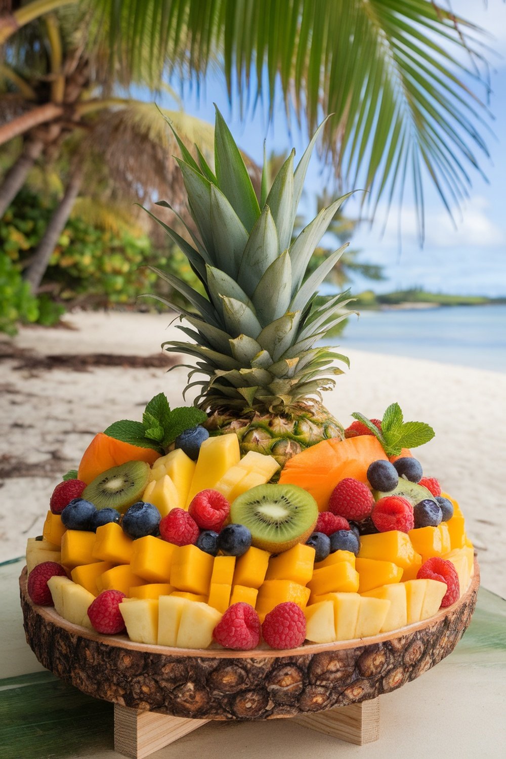 A vibrant tropical fruit grazing cup featuring a pineapple surrounded by mango, kiwi, raspberries, and blueberries on a beach setting.