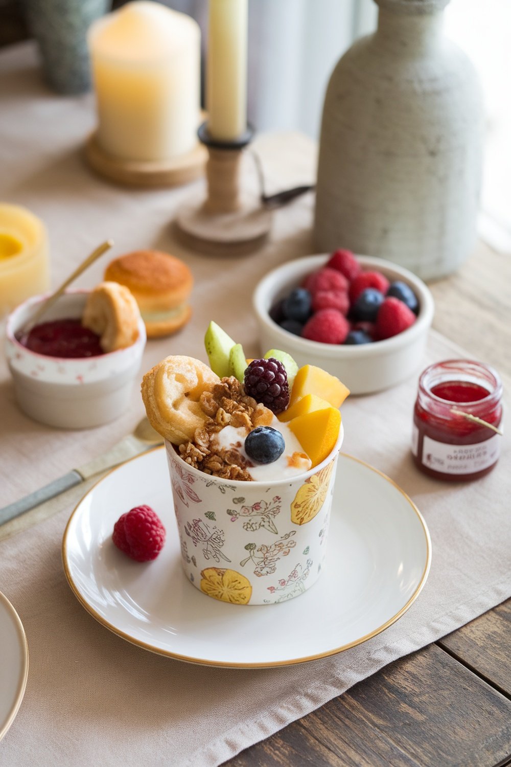 A beautifully arranged breakfast brunch grazing cup filled with yogurt, granola, and fresh fruits.