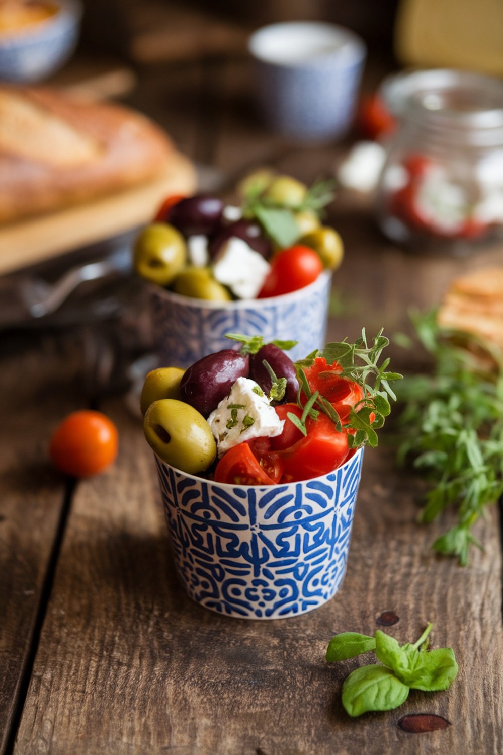 A Mediterranean grazing cup filled with olives, cherry tomatoes, and feta cheese on a wooden table.