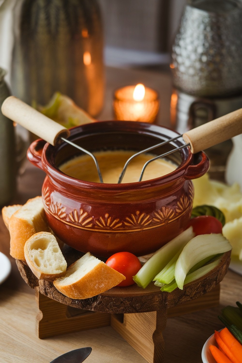 A cozy setup featuring a pot of melted cheese surrounded by bread and vegetables for dipping.