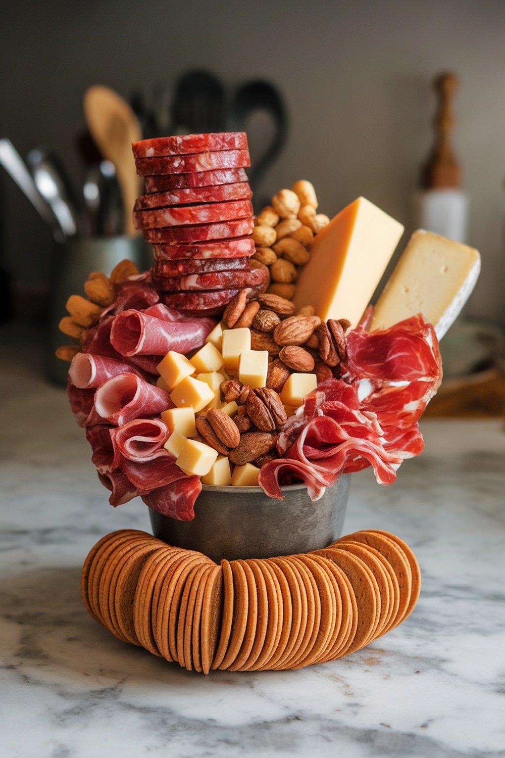 A savory charcuterie grazing cup filled with sliced meats, cheese cubes, nuts, and crackers.