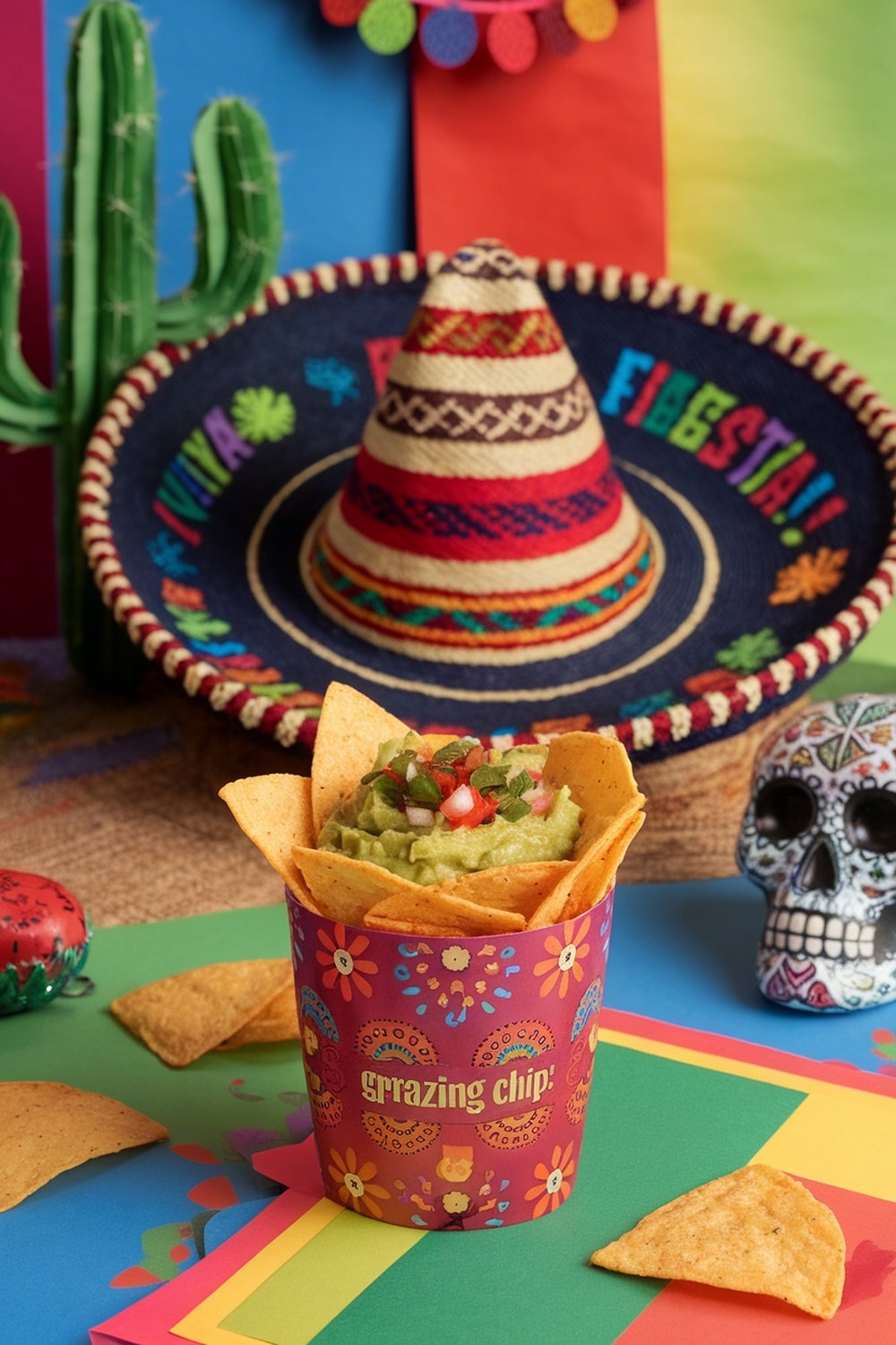 A colorful grazing cup filled with guacamole and tortilla chips, set against a festive background with a sombrero and decorations.