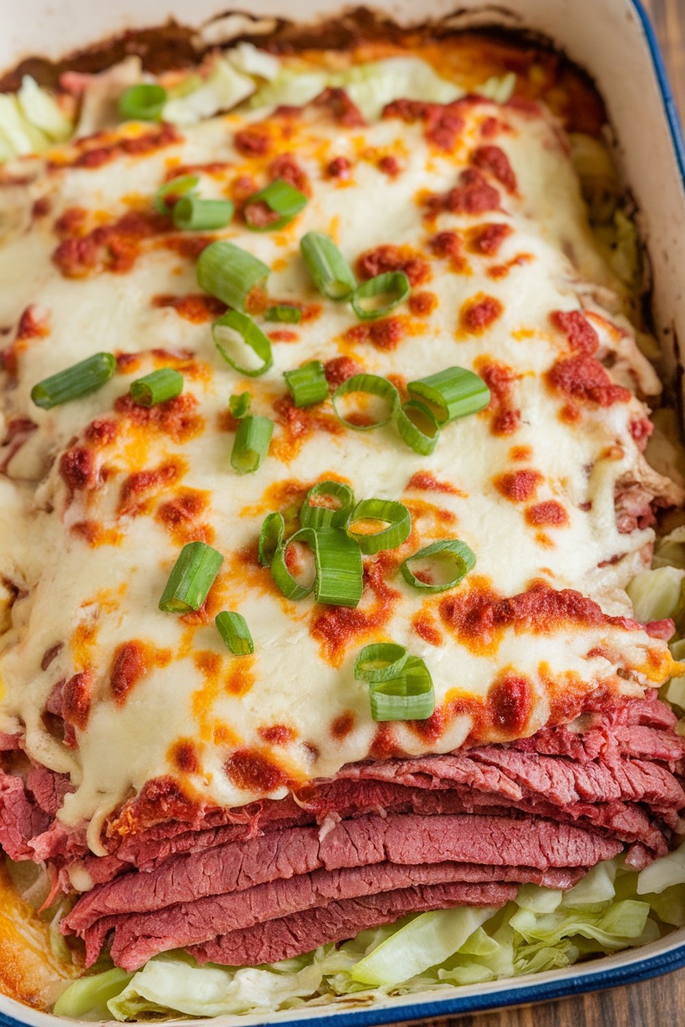 A delicious corned beef and cabbage casserole topped with cheese and green onions.