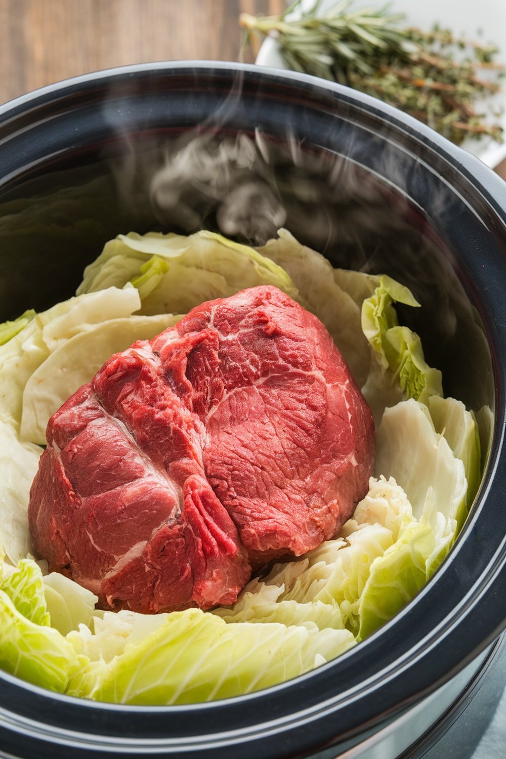 Slow cooker with corned beef and cabbage