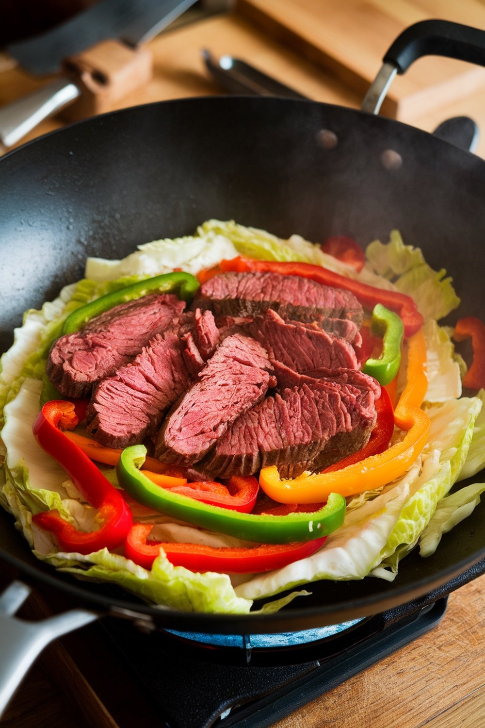 A stir-fry featuring slices of corned beef, cabbage, and colorful bell peppers in a pan.