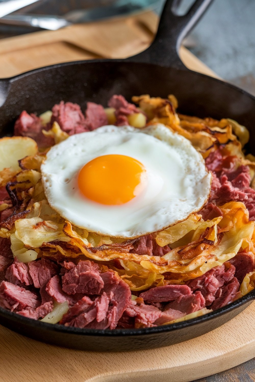 A skillet filled with corned beef hash, featuring diced corned beef, crispy potatoes, and sautéed cabbage, topped with a sunny-side-up egg.