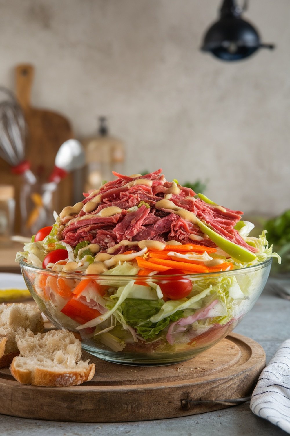 A vibrant bowl of Corned Beef and Cabbage Salad with colorful vegetables and a drizzle of dressing.