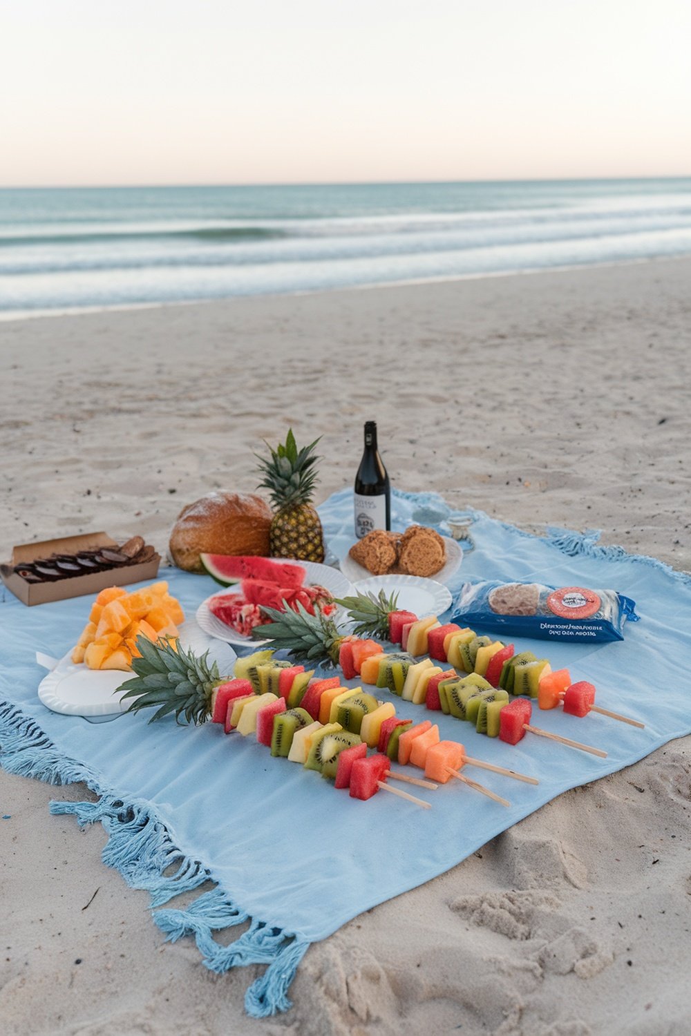 Colorful tropical fruit skewers on a beach picnic setup