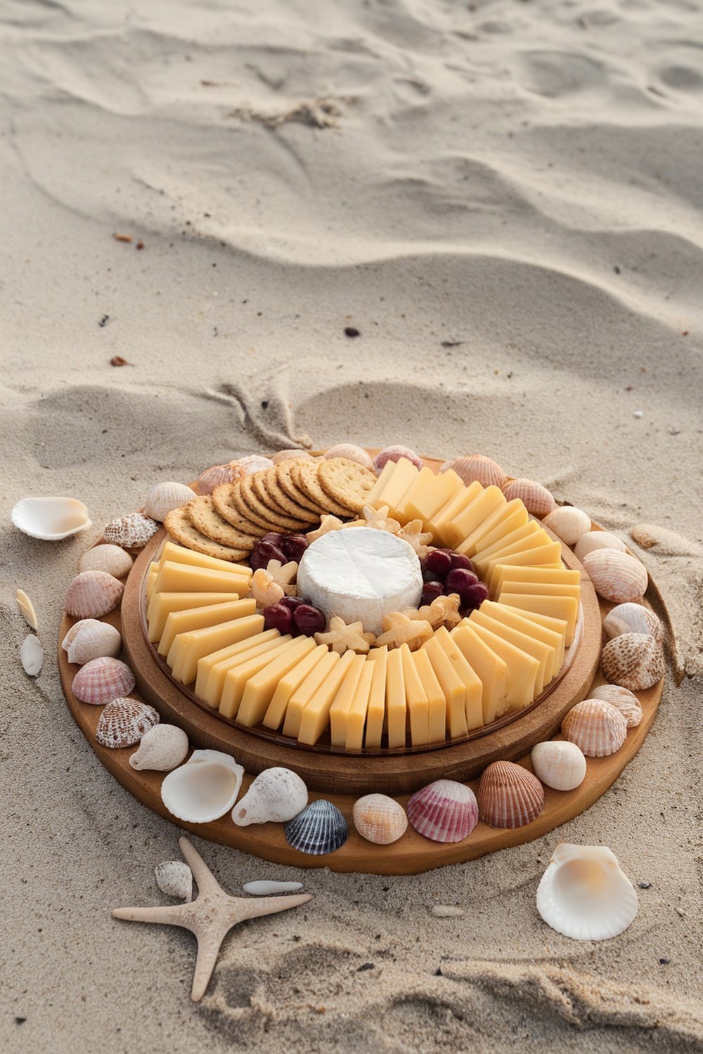 A platter of cheese and crackers arranged beautifully on the beach sand, surrounded by seashells.