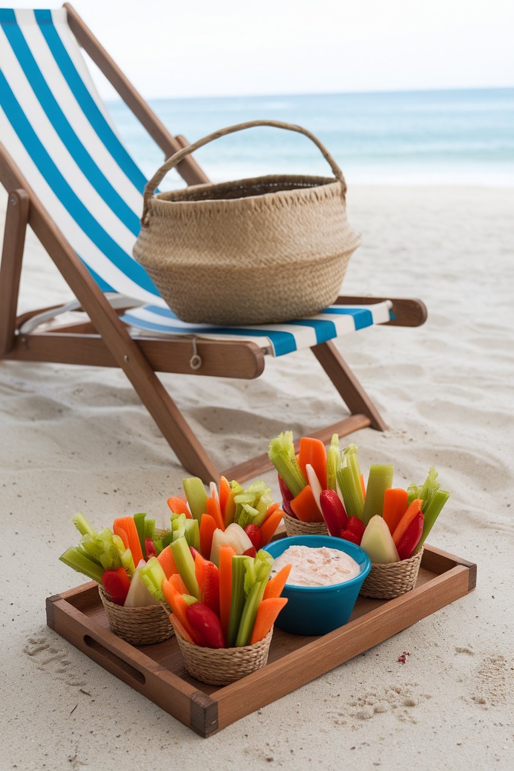 A tray of colorful veggie cups with dip on a beach setting