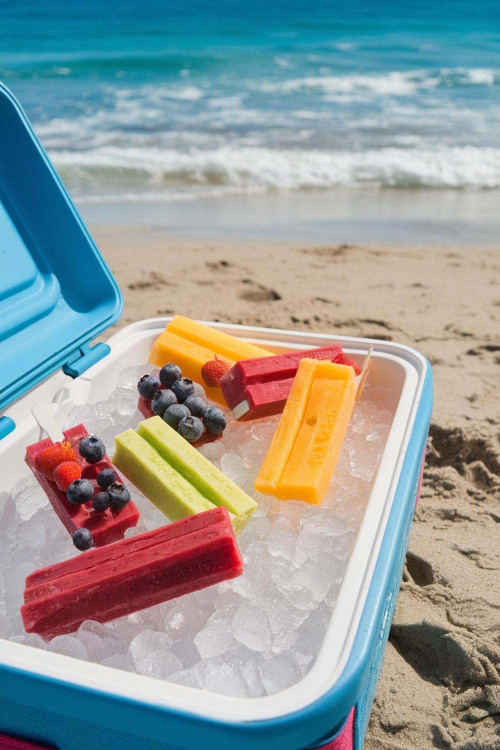 A cooler filled with colorful frozen fruit bars on a sandy beach.