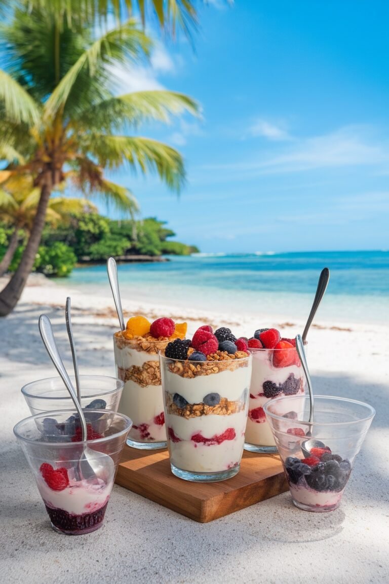 Chilled yogurt parfaits with granola and berries on a beach setting