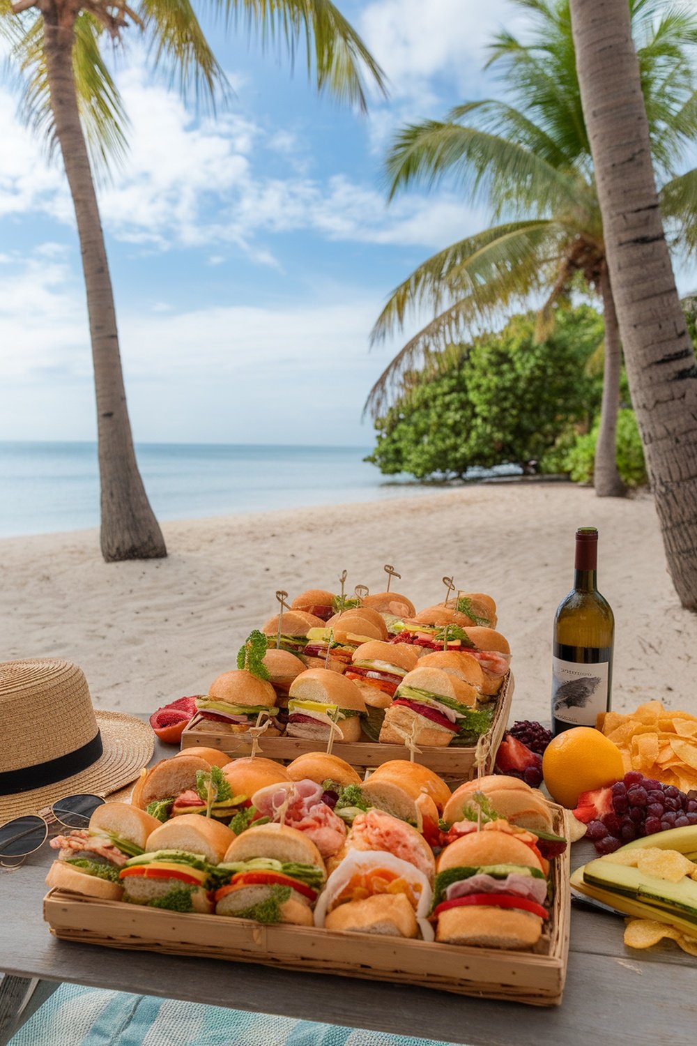 A beach scene featuring mini sandwiches in baskets, surrounded by fresh fruits and a bottle of wine.